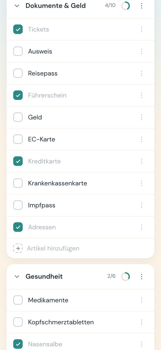 Eine Kategorie mit abgehakten und offenen Artikeln samt Fortschrittsring.