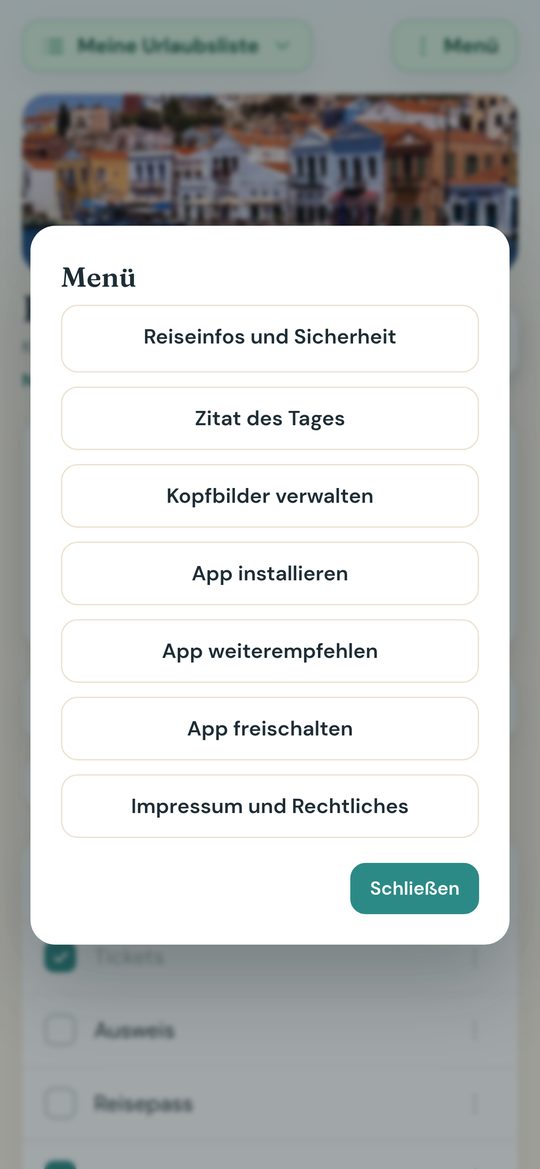 Das Menü der App mit den Einträgen Reiseinfos, Zitat des Tages, Kopfbilder und Freischaltung.