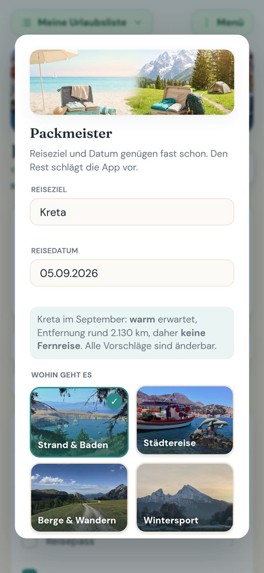Der Packmeister mit Reiseziel Kreta, Reisedatum und den Kacheln zur Auswahl der Reiseart.