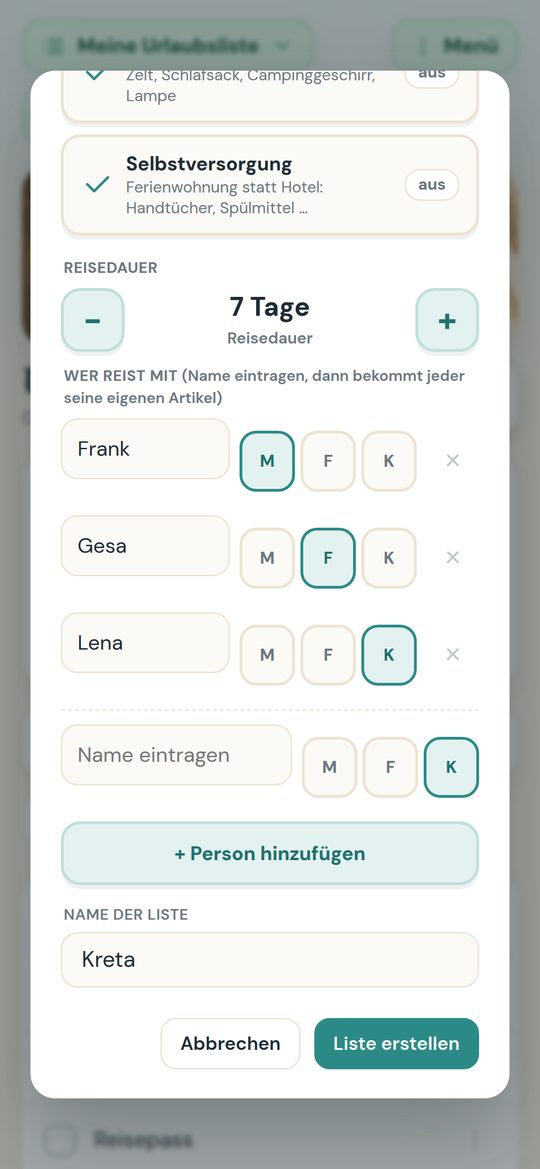 Im Packmeister sind Frank, Gesa und Lena als Mitreisende eingetragen.
