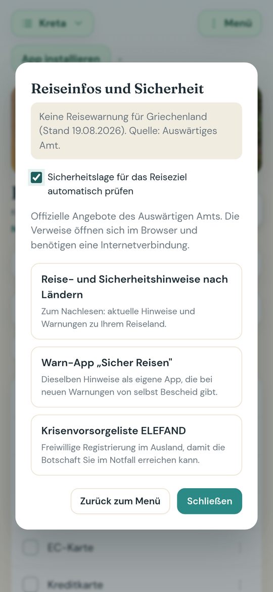 Die Seite Reiseinfos und Sicherheit mit den Hinweisen des Auswärtigen Amts.