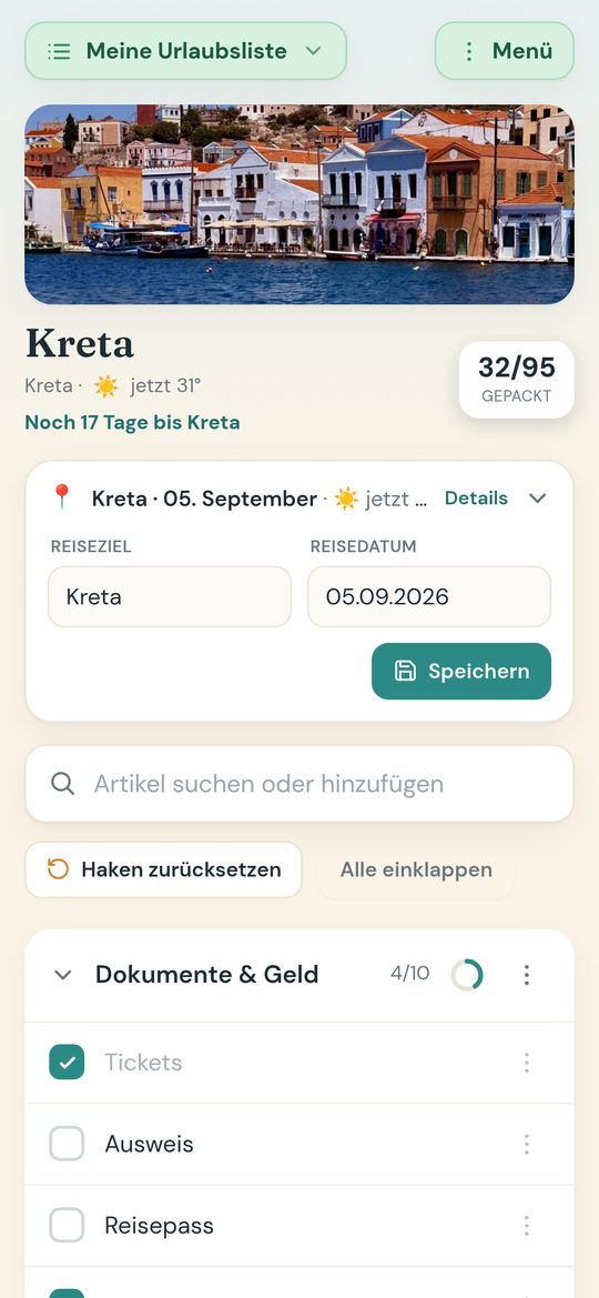 Die Urlaubsliste auf dem Handy: Kopfbild von Kreta, Fortschrittsanzeige 32 von 95 gepackt und die Zeile Noch 17 Tage bis Kreta.